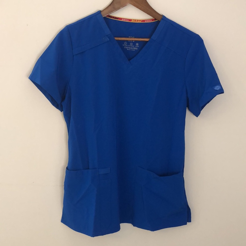 Dickies Vibrant Blue Stretch Scrub Shirt V neck short sleeve pockets easy care M